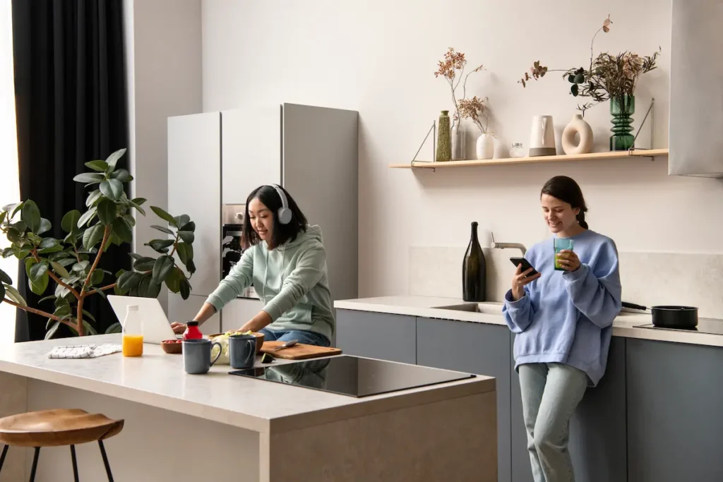Two girls hanging out together in the kitchen