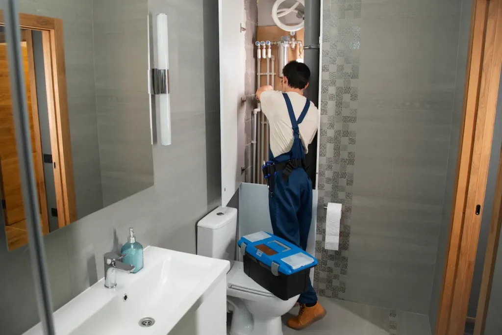A male contractor in action,, checking bathroom pipes