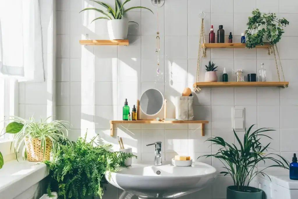 Cute bathroom design with plants and wood accents